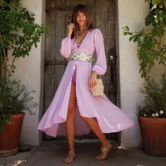 EXPRESS X Rocky Barnes Lilac Swiss Dot Button Front Kimono Sheer Dress Sz M - Picture 14 of 14